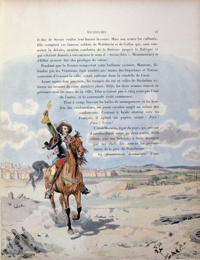 Moment des Eingreifens des päpstlichen Legaten Giulio Mazarini (1602-61) zwischen den spanischen und päpstlichen Truppen, die der französischen Armee bei der Belagerung von Casal, Norditalien, gegenüberstehen, Illustration aus dem Leben von Maurice Leloir